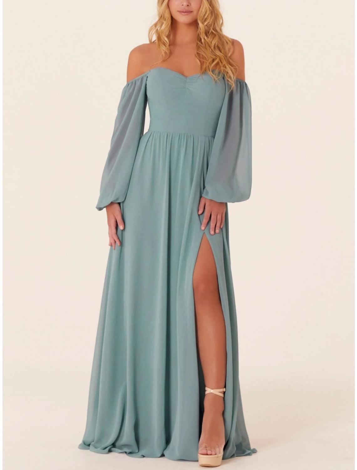 Abito da damigella d'onore a trapezio, scollo quadrato, maniche lunghe, elegante, strascico a ruota in chiffon con spacco frontale e arricciature